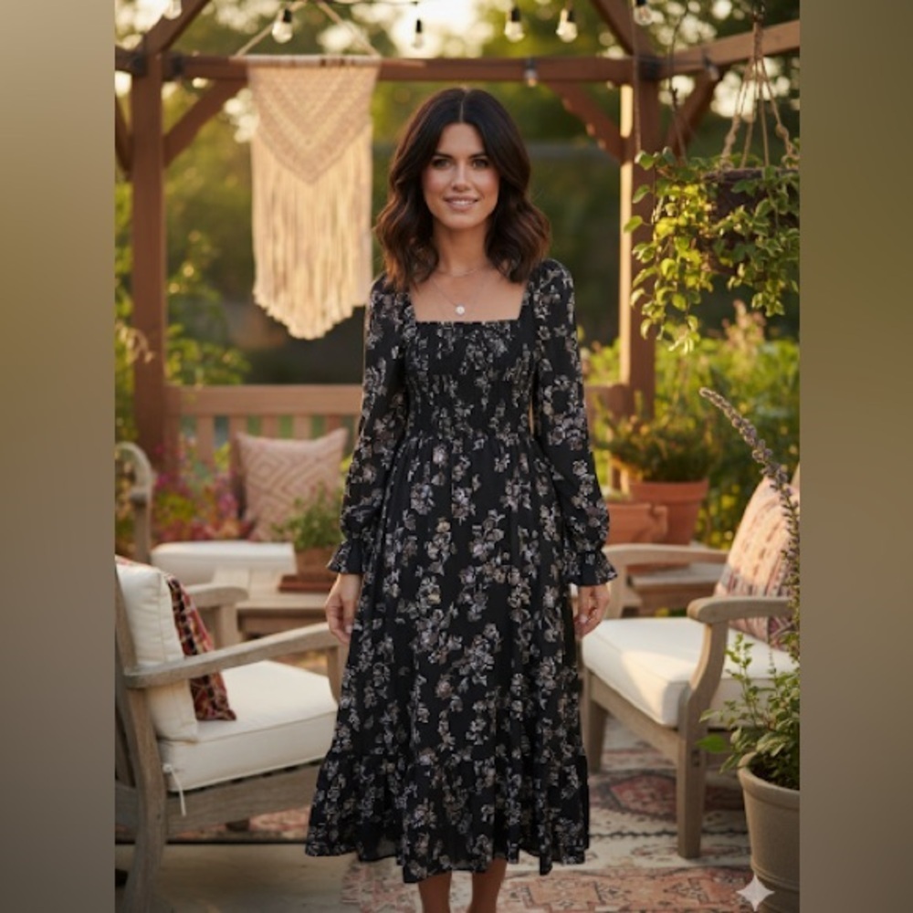 Haptics Black Floral Smocked Maxi Dress, size S